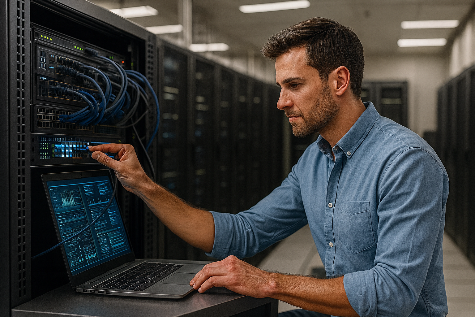 Ingeniero de redes gestionando servidores